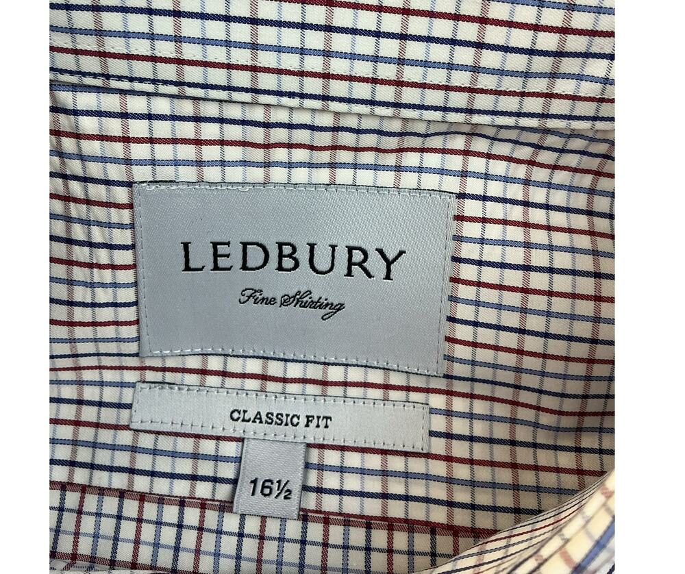 Ledbury Classic Fit Dress Shirt 17 35 Red Blue Check Plaid Premium Cotton